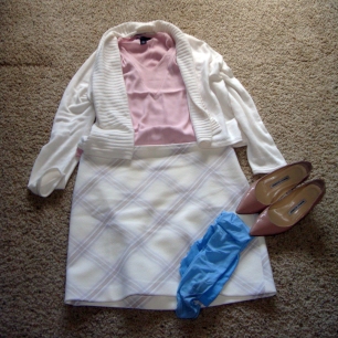Winter white sweater and skirt with blush blouse
